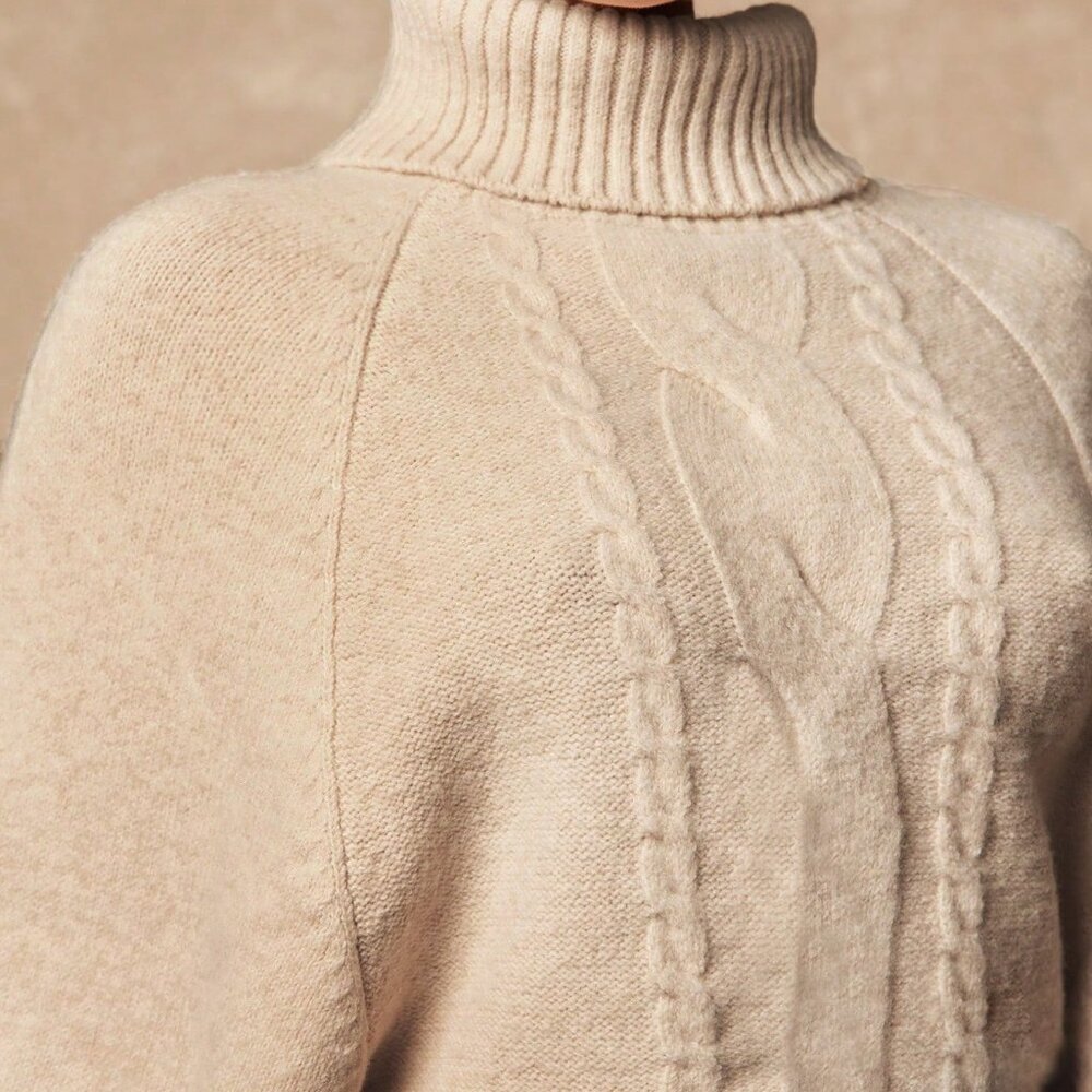 Khaki Casual Women's Cinched Waist Batwing Textured Turtleneck Sweater - Picture 6 of 8